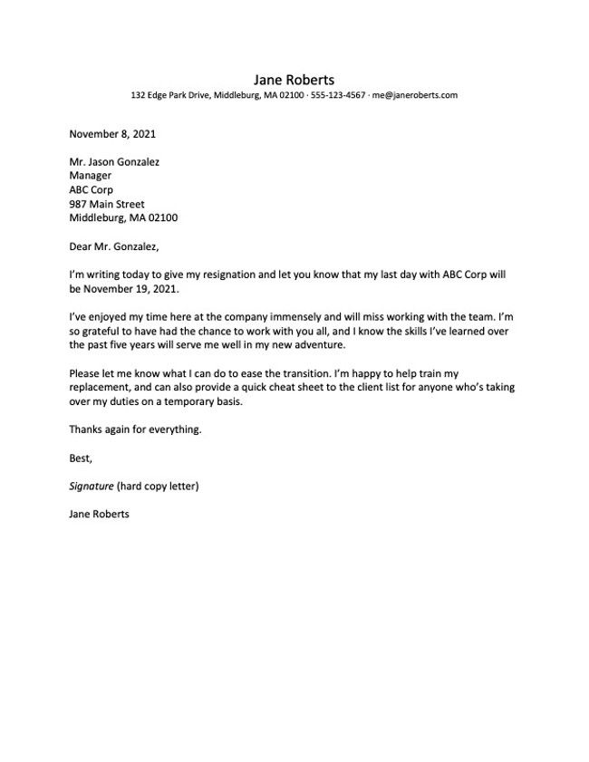 Screenshot of a resignation letter example
