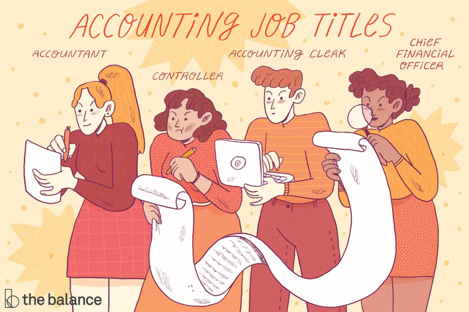 图像显示了一群致力于写作/打字/检查的人。文字阅读：“一种ccounting job titles: accountant, controller, accounting clerk, chief financial officer