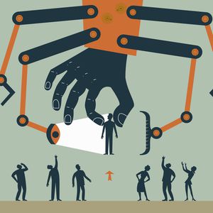Cartoon of a mechanical hand picking the right job candidate from a group.