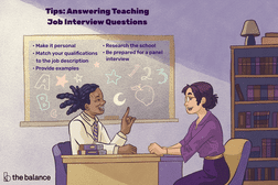 Image shows two people in business casual in a classroom, one is conducting an interview. There is a chalkboard behind them with text that reads: