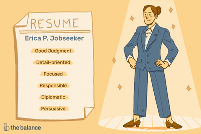 Image shows a woman wearing a blue suit and loafers, standing in a power stance under a spotlight. There is a large, human sized piece of paper next to the woman that says:
