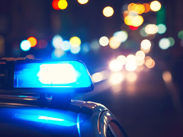 蓝色警报器特写镜头在警车的在晚上在晚上