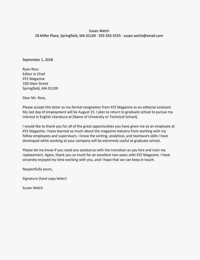 Screenshot of a going back to school resignation letter example