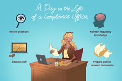 Image shows a woman sitting at a desk with her laptop open and she is going through paperwork. Text reads: