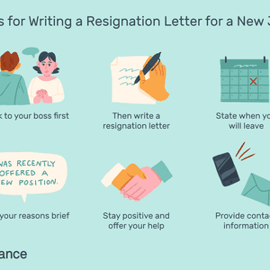 This illustration lists tips for writing a resignation letter for a new job including