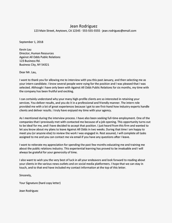 Screenshot of an internship resignation letter sample