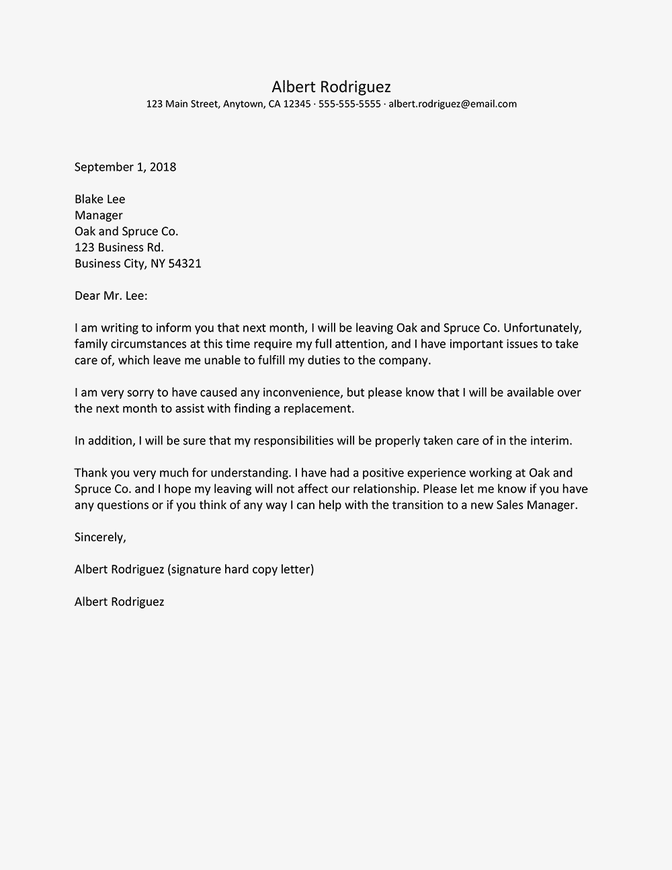 Screenshot of a resignation letter sample for family reasons