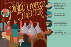 A day in the life of a public works director: A degree in public administration or engineering is recommended, coordinate with outside vendors, manage projects with large budgets and ambitious goals, many officials must approve this important appointment