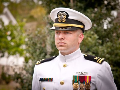 Portrait Caucasian Naval Officer in Winter Whites Uniform Outside